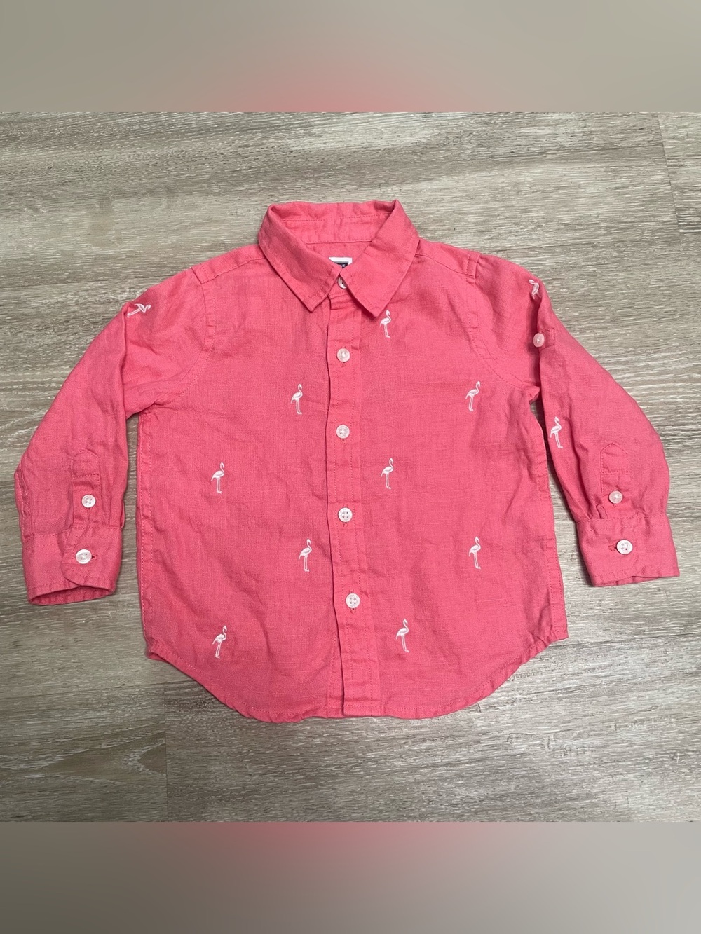 Janie and Jack Boys 100% Linen Shirt Pink Flamingo Roll Tab Long Sleeve Sz 12-18